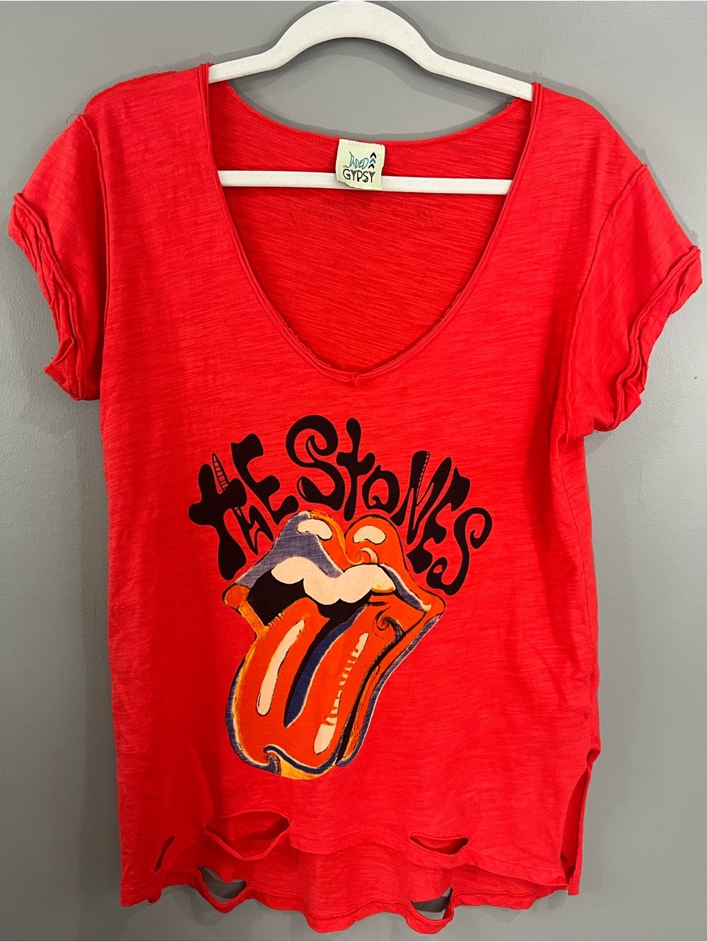 Jaded Gypsy Red Rolling Stones Graphic Tee with distressing size S/M